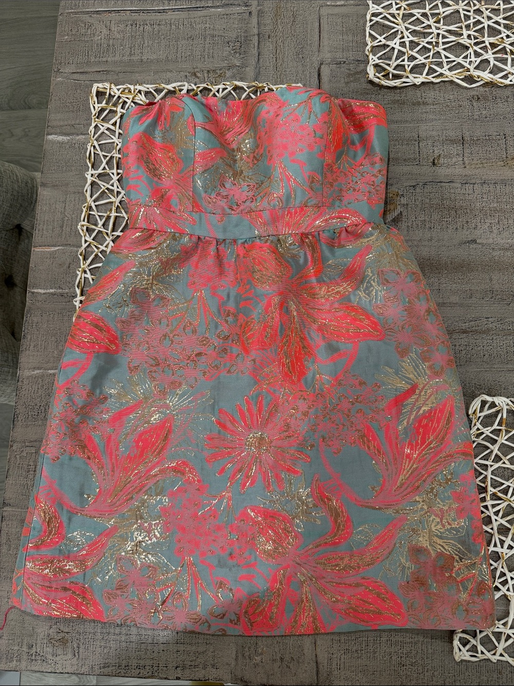 Gianni Bini Coral Lined Teal Floral Jacquard Dress